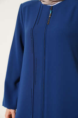 Taşlı Dikişli Omuz Vatkalı Büyük Beden Ferace Indıgo - Thumbnail