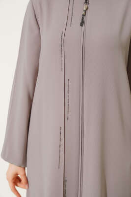 Taşlı Dikişli Omuz Vatkalı Büyük Beden Ferace Vizon - Thumbnail