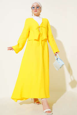 Pazarium - İp Bağcık Kimono Etekli İkili Takım Sarı