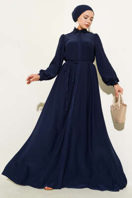 Pazarium - Boydan Düğmeli İp Kuşaklı Elbise Lacivert