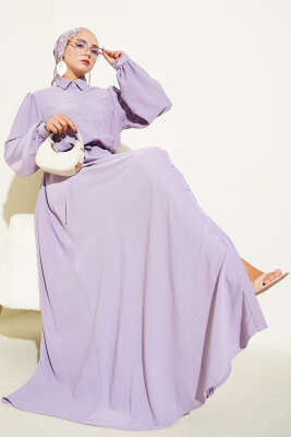 Pazarium - Boydan Düğmeli İp Kuşaklı Elbise Lila