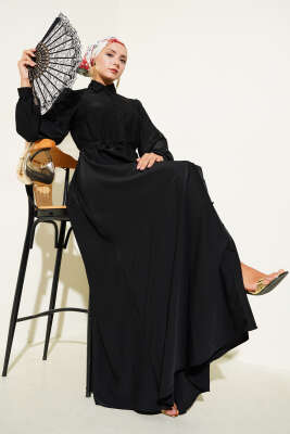 Pazarium - Boydan Düğmeli İp Kuşaklı Elbise Siyah