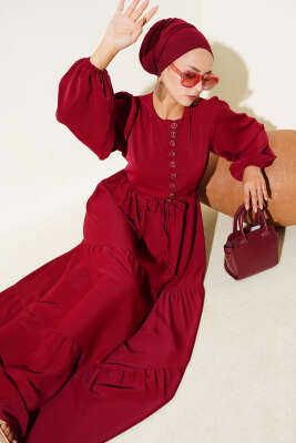 Pazarium - Yarım Düğmeli Belden Tünelli Elbise Bordo