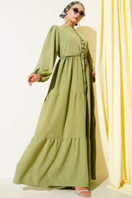 Pazarium - Yarım Düğmeli Belden Tünelli Elbise Haki