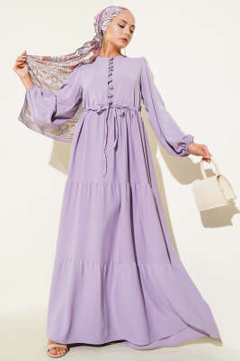 Pazarium - Yarım Düğmeli Belden Tünelli Elbise Lila