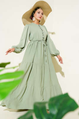 Pazarium - Yarım Düğmeli Belden Tünelli Elbise Mint