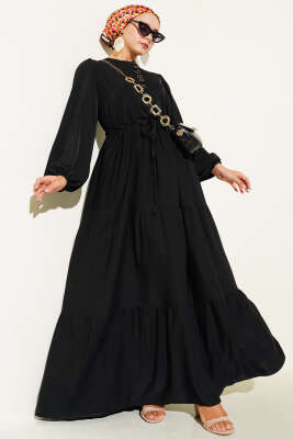 Pazarium - Yarım Düğmeli Belden Tünelli Elbise Siyah