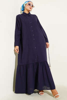 Pazarium - Gömlek Yaka Önü Pileli Elbise Lacivert