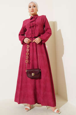 Pazarium - Fırfır Boleronlu İp Bağlamalı Elbise Bordo