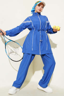 Pazarium - İp Bağcık Detaylı Garnili İkili Takım Saks