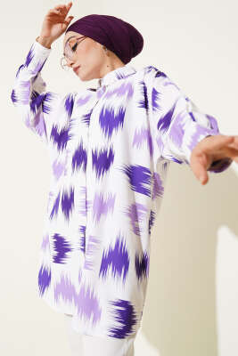 Pazarium - Fırça Desenli Bilek Manşetli Gömlek Mor