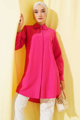 Pazarium - Klasik Yakalı Oval Kesim Fuşya Gömlek