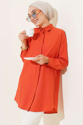 Pazarium - Klasik Yakalı Oval Kesim Kiremit Gömlek