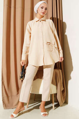 Cep Detaylı Müslin Gömlek Camel - Thumbnail