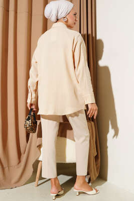Cep Detaylı Müslin Gömlek Camel - Thumbnail