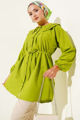 Pazarium - Çift Yaka İp Kuşaklı Gömlek Yeşil