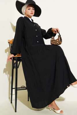 Pazarium - Yarım Düğmeli Hakim Yaka Kat Elbise Siyah