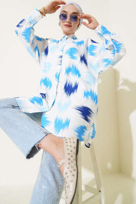 Pazarium - Fırça Desenli Bilek Manşetli Gömlek Mavi