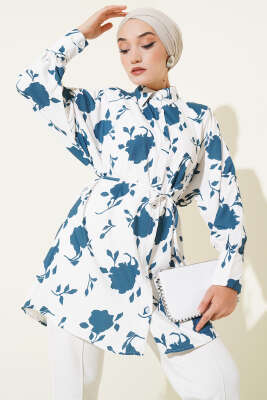 Pazarium - Minik Yaprak Desenli İp Kuşaklı Gömlek Petrol