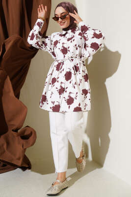 Pazarium - Minik Yaprak Desenli İp Kuşaklı Gömlek Kahve