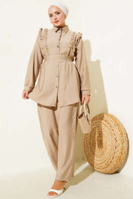 Pazarium - Önü Fırfırlı Kuşaklı İkili Takım Latte