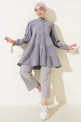 Pazarium - Kolları İp Bağlamalı Gömlek Gri