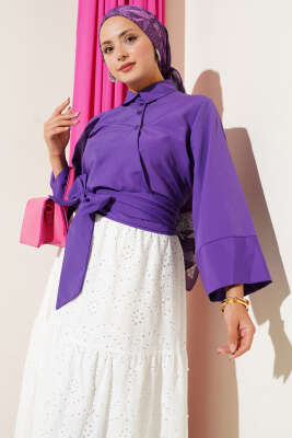 Pazarium - Düğmeli Yan Bağlamalı Kısa Gömlek Mor