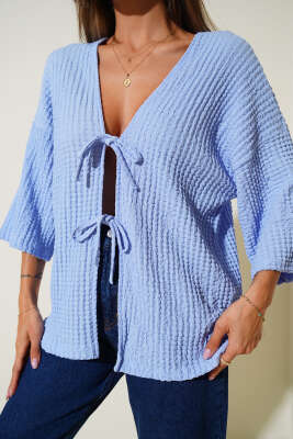 Buble Ön Bağlamalı Kimono Mavi - Thumbnail