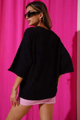 Buble Ön Bağlamalı Kimono Siyah - Thumbnail