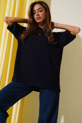 Pazarium - Bisiklet Yaka Bürümcük T-shirt Lacivert