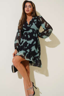 Pazarium - Kruvaze Yaka Uzun Kol Tül Elbise Yeşil