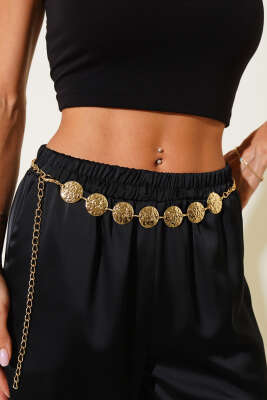Pazarium - Yuvarlak Dekor Metal Zincir Kemer Gold