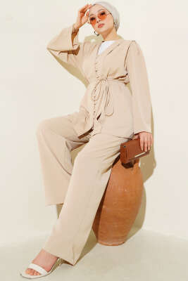 Pazarium - Brit Düğmeli İp Kuşaklı Tunik İkili Takım Bej