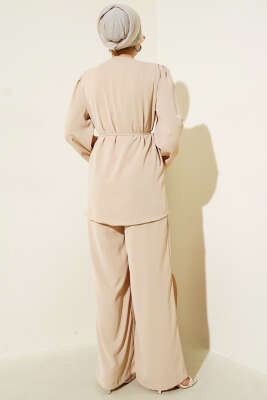 Brit Düğmeli İp Kuşaklı Tunik İkili Takım Bej - Thumbnail