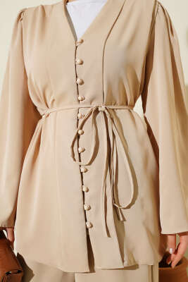 Brit Düğmeli İp Kuşaklı Tunik İkili Takım Bej - Thumbnail