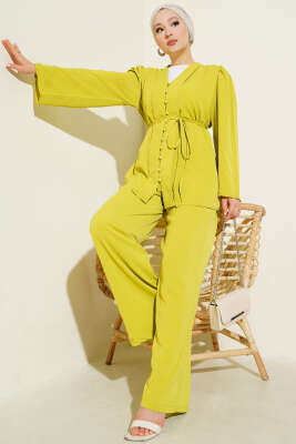 Pazarium - Brit Düğmeli İp Kuşaklı Tunik İkili Takım Yağ Yeşili