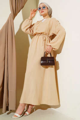 Pazarium - Önü Büzgülü İp Bağcıklı Elbise Bej