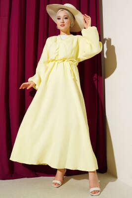 Pazarium - Önü Büzgülü İp Bağcıklı Elbise Lime