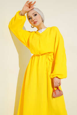 Önü Büzgülü İp Bağcıklı Elbise Sarı - Thumbnail