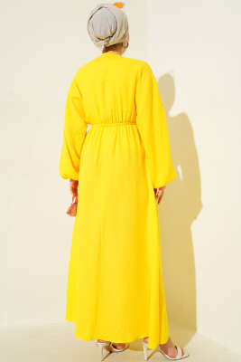 Önü Büzgülü İp Bağcıklı Elbise Sarı - Thumbnail