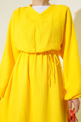 Önü Büzgülü İp Bağcıklı Elbise Sarı - Thumbnail