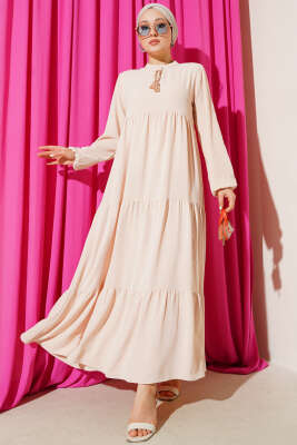 Pazarium - Yaka İp Bağcık Detaylı Kat Elbise Bej