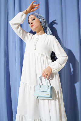 Yaka İp Bağcık Detaylı Kat Elbise Beyaz - Thumbnail