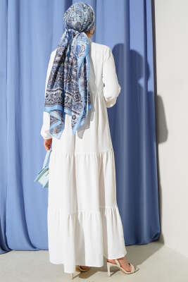 Yaka İp Bağcık Detaylı Kat Elbise Beyaz - Thumbnail