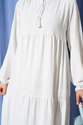 Yaka İp Bağcık Detaylı Kat Elbise Beyaz - Thumbnail