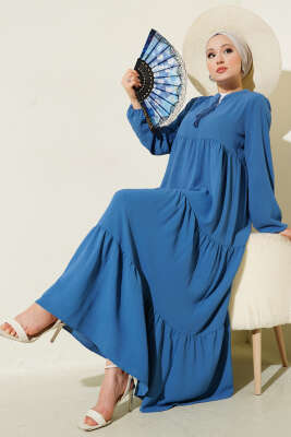 Pazarium - Yaka İp Bağcık Detaylı Kat Elbise Indıgo