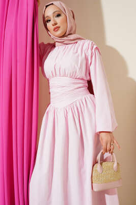 Pazarium - Bel Gipeli Kloş Elbise Pembe