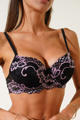 Pazarium - Güpürlü Destekli Sütyen Siyah Pembe