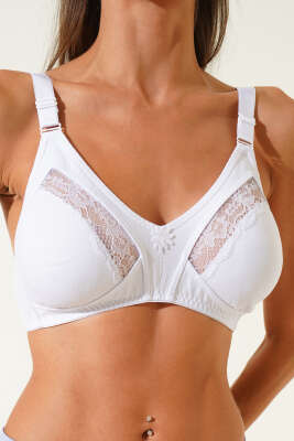 Pazarium - Toplayıcı Penye Ara Dantel Sütyen Beyaz
