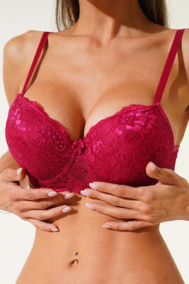 Pazarium - Silikonlu Destekli Dantelli Sütyen Bordo
